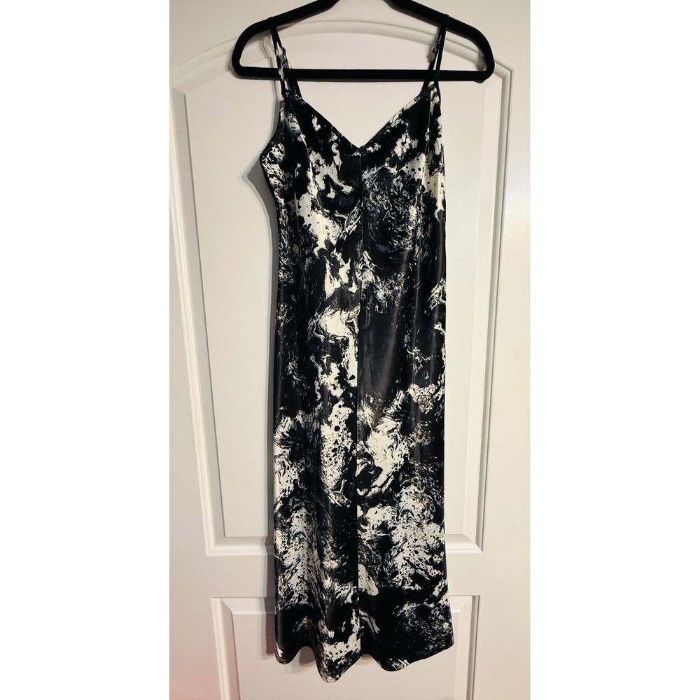Fourteenth Place Midi Dress Medium Black White Marble Satin Slip Abstract 90s